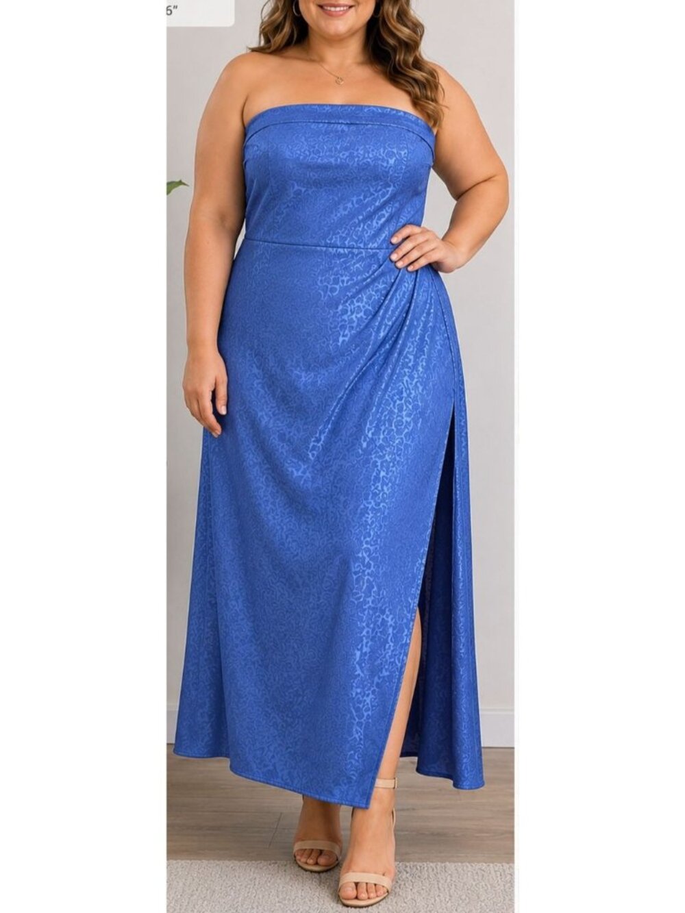 Vici Blue Strapless Maxi Dress Large Satin Jacquard Formal bridal Gown wedding